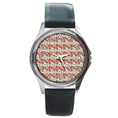 Gorgeous Red Flower Pattern  Round Metal Watch by Brittlevirginclothing