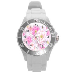 Cute Pink Flower Pattern  Round Plastic Sport Watch (l)