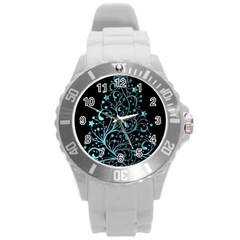 Elegant Blue Christmas Tree Black Background Round Plastic Sport Watch (l) by yoursparklingshop