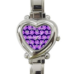 Purple Flower Pattern On Blue Heart Italian Charm Watch