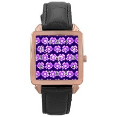 Purple Flower Pattern On Blue Rose Gold Leather Watch 