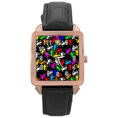 Colorful Lizards Pattern Rose Gold Leather Watch  by Valentinaart