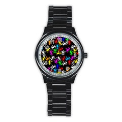 Colorful Lizards Pattern Stainless Steel Round Watch by Valentinaart