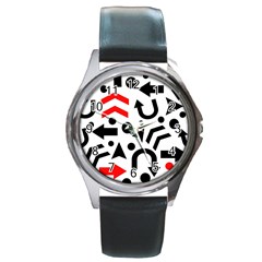 Red Right Direction Round Metal Watch by Valentinaart