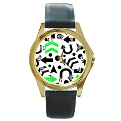 Green Right Direction  Round Gold Metal Watch by Valentinaart