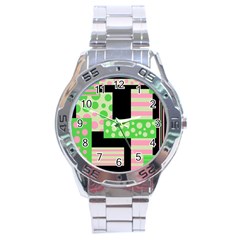 Green And Pink Collage Stainless Steel Analogue Watch by Valentinaart