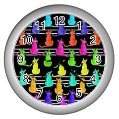 Colorful Cats Pattern Wall Clocks (silver)  by Valentinaart