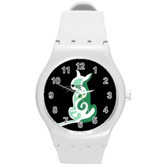 Green Abstract Cat  Round Plastic Sport Watch (m) by Valentinaart