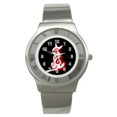 Red Abstract Cat Stainless Steel Watch