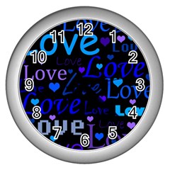 Blue Love Pattern Wall Clocks (silver)  by Valentinaart