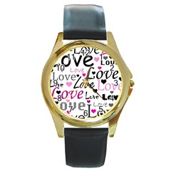 Love Pattern - Magenta Round Gold Metal Watch by Valentinaart