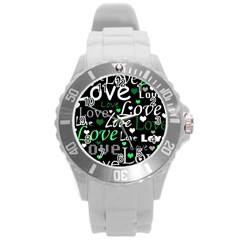 Green Valentine s Day Pattern Round Plastic Sport Watch (l) by Valentinaart
