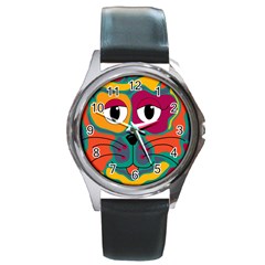 Colorful Cat 2  Round Metal Watch by Valentinaart