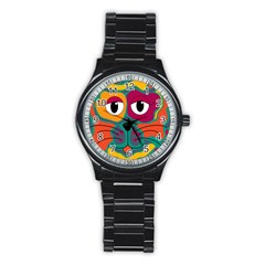 Colorful Cat 2  Stainless Steel Round Watch by Valentinaart