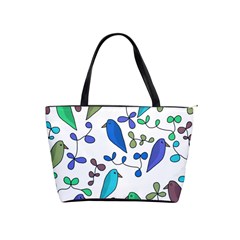 Birds And Flowers - Blue Shoulder Handbags by Valentinaart