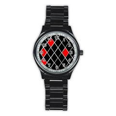 Elegant Black And White Red Diamonds Pattern Stainless Steel Round Watch by yoursparklingshop