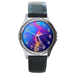 Lightning Colors, Blue Sky, Pink Orange Yellow Round Metal Watch by picsaspassion