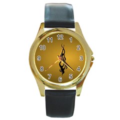Flame Black, Golden Background Round Gold Metal Watch by picsaspassion