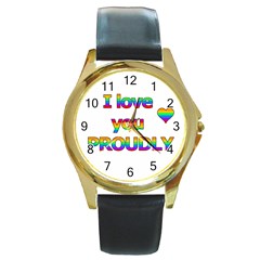 I Love You Proudly 2 Round Gold Metal Watch by Valentinaart