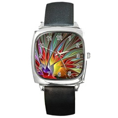 Fractal Bird Of Paradise Square Metal Watch by WolfepawFractals