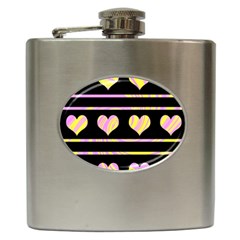 Pink And Yellow Harts Pattern Hip Flask (6 Oz) by Valentinaart