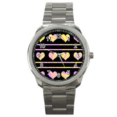 Pink And Yellow Harts Pattern Sport Metal Watch by Valentinaart