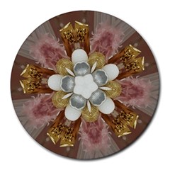 Elegant Antique Pink Kaleidoscope Flower Gold Chic Stylish Classic Design Round Mousepads by yoursparklingshop