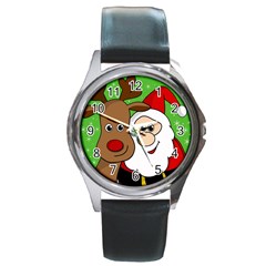 Rudolph And Santa Selfie Round Metal Watch by Valentinaart