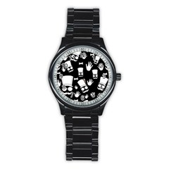 Gentleman - Black And White Pattern Stainless Steel Round Watch by Valentinaart