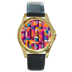 Abstract Background Geometry Blocks Round Gold Metal Watch by Amaryn4rt