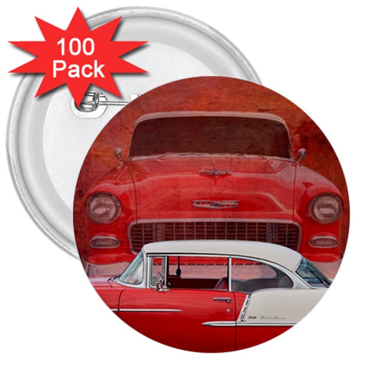 Classic Car Chevy Bel Air Dodge Red White Vintage Photography 3  Buttons (100 pack) 