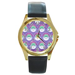 Background Floral Pattern Purple Round Gold Metal Watch by Amaryn4rt