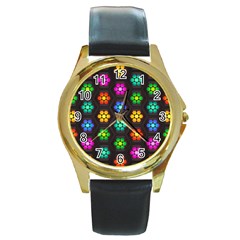 Pattern Background Colorful Design Round Gold Metal Watch