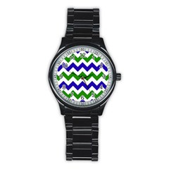 Blue And Green Chevron Stainless Steel Round Watch