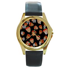 Chocolate Strawberries Pattern Round Gold Metal Watch