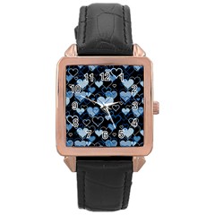 Blue Harts Pattern Rose Gold Leather Watch  by Valentinaart