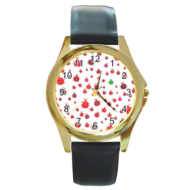 Beetle Animals Red Green Fly Round Gold Metal Watch