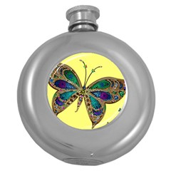 Butterfly Mosaic Yellow Colorful Round Hip Flask (5 Oz) by Amaryn4rt