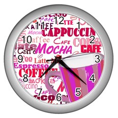 Coffee Cup Lettering Coffee Cup Wall Clocks (silver)  by Amaryn4rt