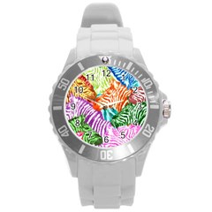 Zebra Colorful Abstract Collage Round Plastic Sport Watch (l) by Amaryn4rt