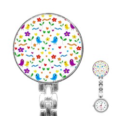 Cute Birds And Flowers Pattern Stainless Steel Nurses Watch by Valentinaart