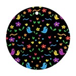 Cute birds and flowers pattern - black Ornament (Round)  Front