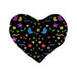 Cute birds and flowers pattern - black Standard 16  Premium Heart Shape Cushions Front