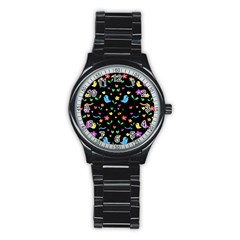 Cute Birds And Flowers Pattern - Black Stainless Steel Round Watch by Valentinaart