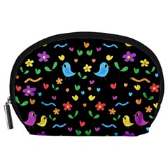 Cute Birds And Flowers Pattern - Black Accessory Pouches (large)  by Valentinaart