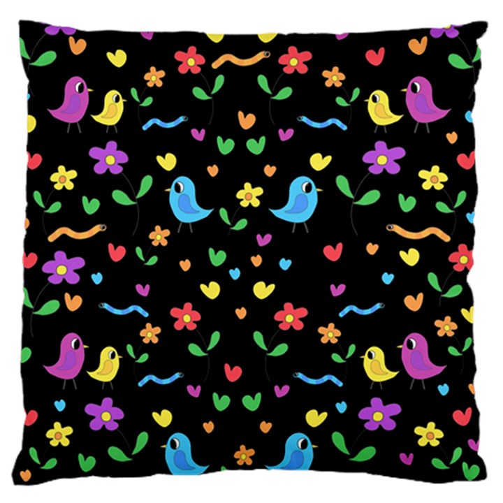 Cute birds and flowers pattern - black Large Flano Cushion Case (Two Sides)