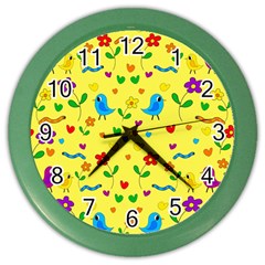 Yellow Cute Birds And Flowers Pattern Color Wall Clocks by Valentinaart