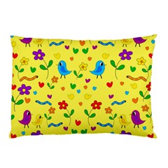 Yellow Cute Birds And Flowers Pattern Pillow Case by Valentinaart