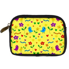 Yellow Cute Birds And Flowers Pattern Digital Camera Cases by Valentinaart