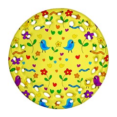 Yellow Cute Birds And Flowers Pattern Ornament (round Filigree)  by Valentinaart